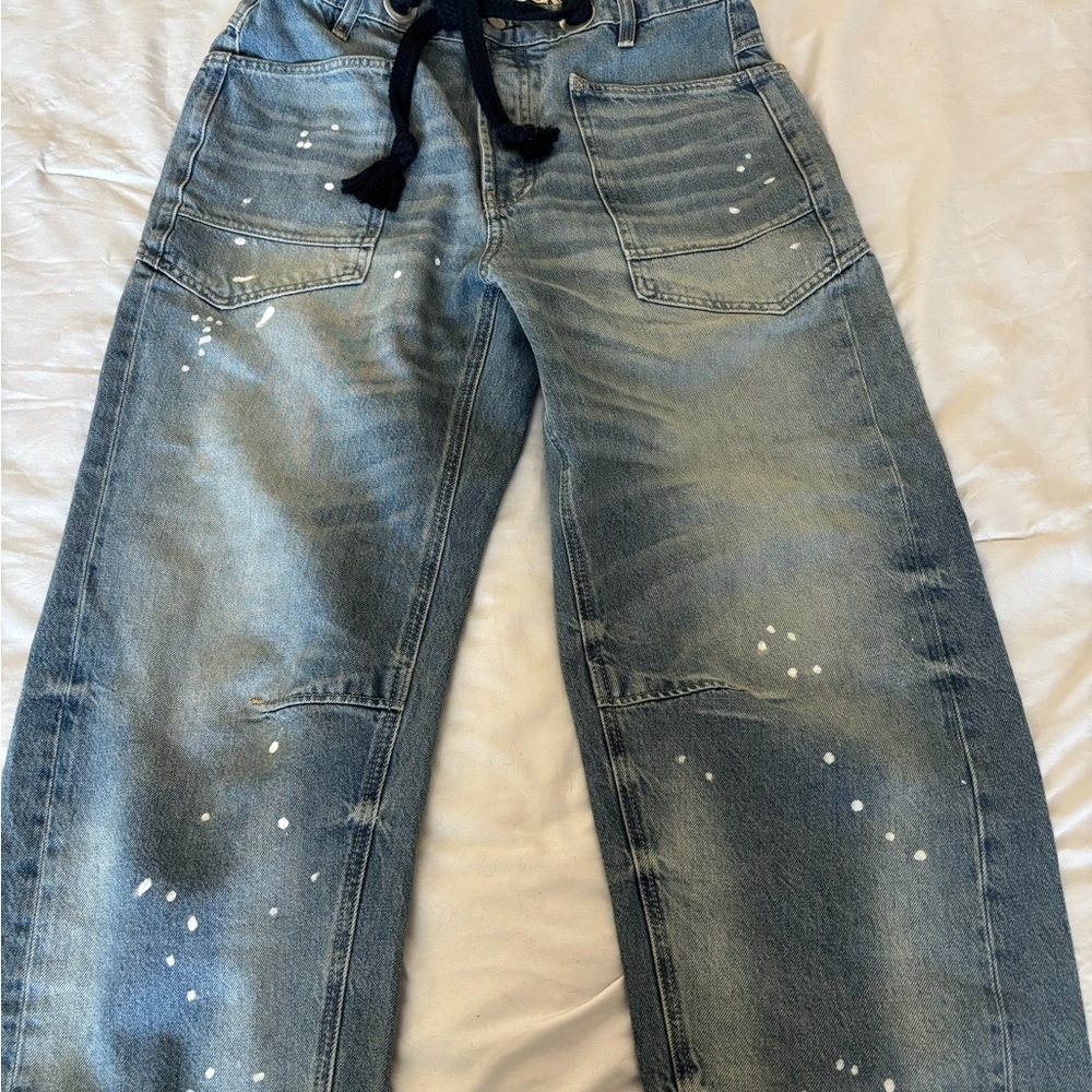 We The Free Light Blue Boyfriend Jeans with White Paint Splatter - Picture 1 of 5